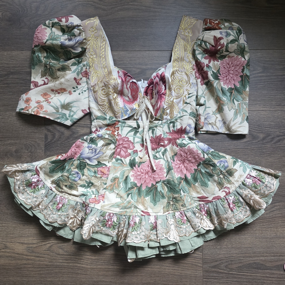 Floral Peasant Blouse with Lace Trim - Pink & Green
